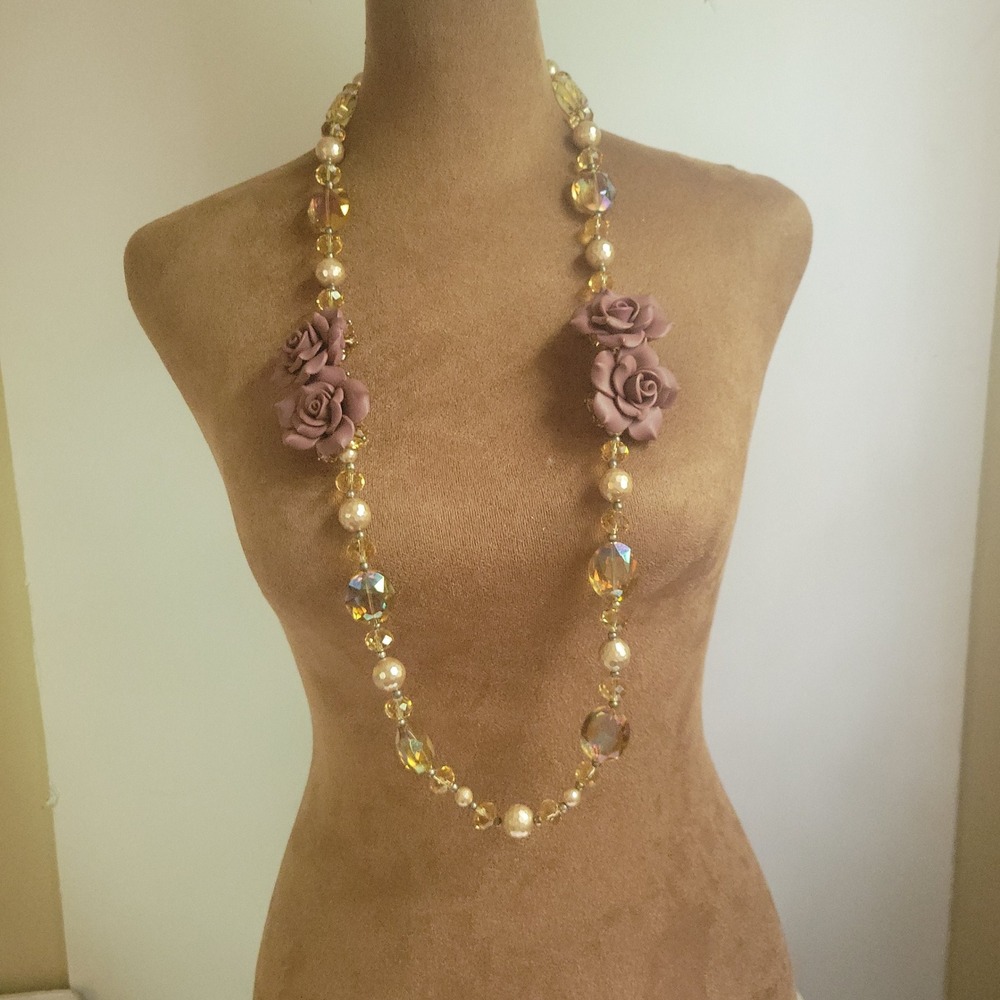 Vintage Style Faux Pearl Crystal Rose Beaded Magnetic Necklace 36in Cottagecore